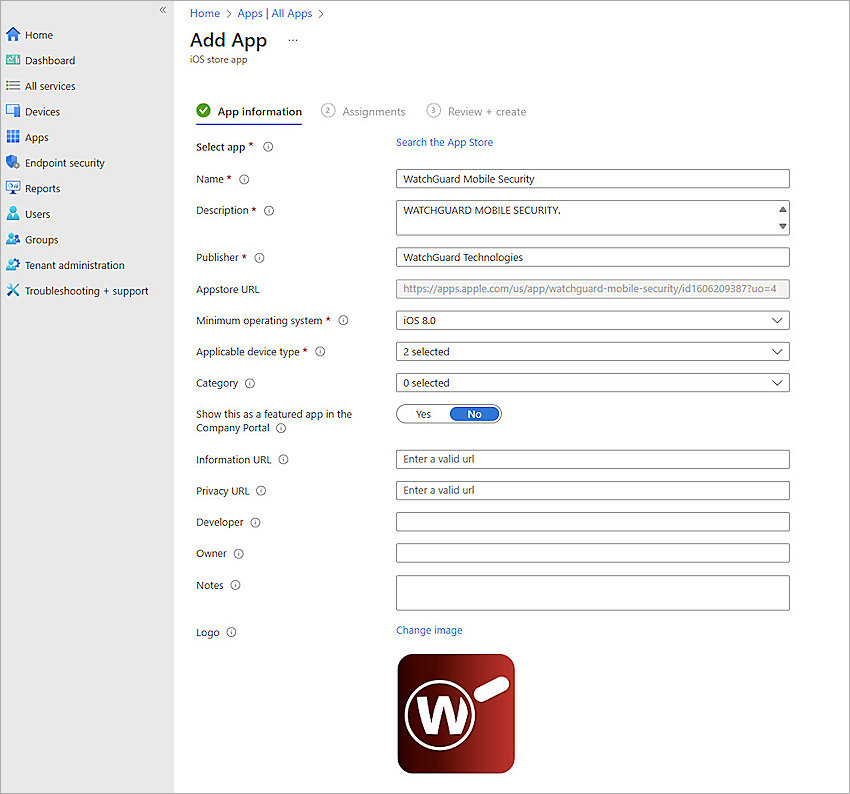 Screenshot of Add App information page in Intune